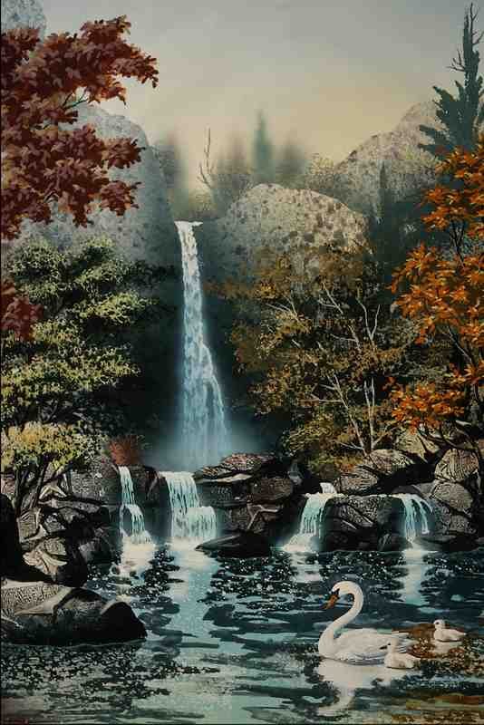 620050 Waterfall With Swans A4 Photo Print