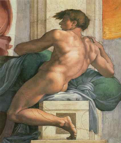 Michelangelo Michelangelo Sistine Chapel Ceiling Ignudi next to Separation of Land and the Persian Sybil  A4 Photo Print