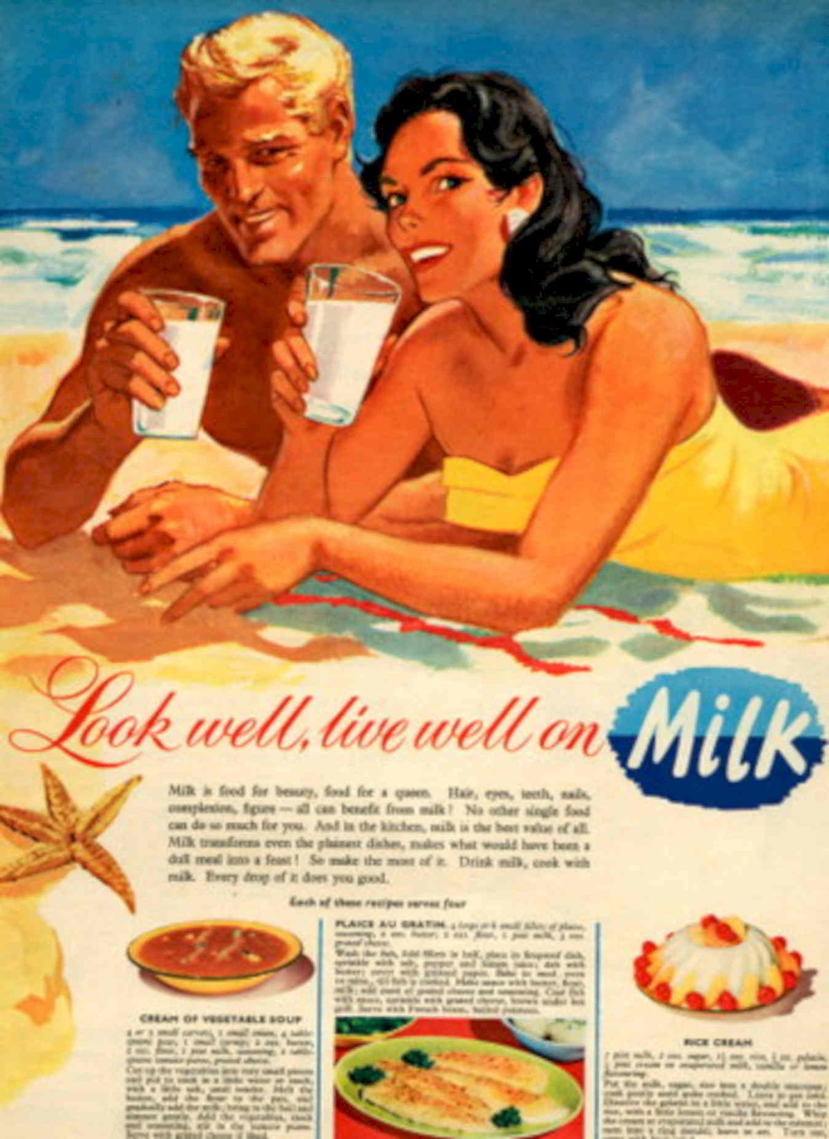 Milk Beach Couple 1950s Vintage Retro Advert Poster