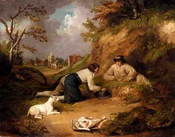 Morland George Two Men Hunting Rabbits With Their Dog A Village Beyond A4 Photo Print