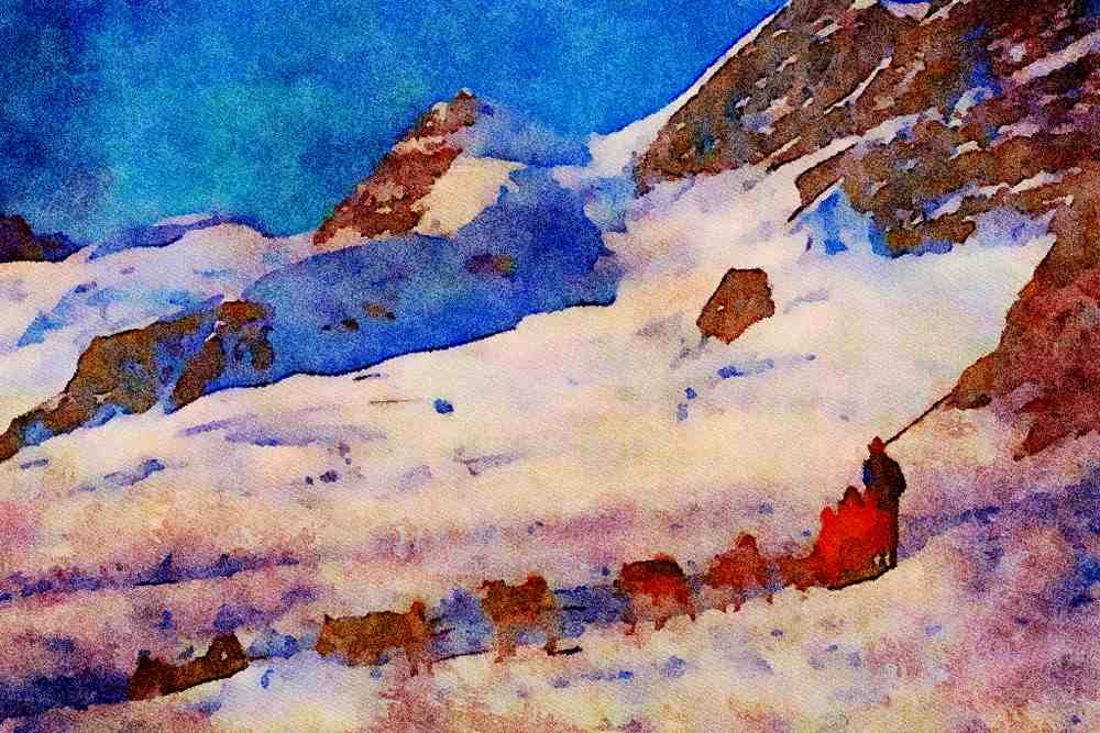Mountains 213076 Huskies, Jungfrau, Switzerland A4 Limited Edition Watercolour Print