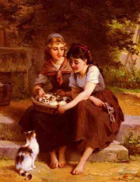 Munier Emile Deux Filles Avec Un Panier De Chatons A4 Photo Print