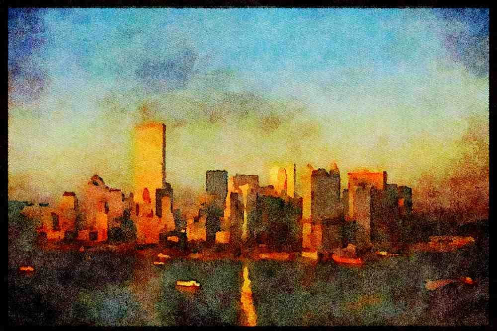 NY New York USA 244064 Downtown Aerial, Sunset A4 Limited Edition Watercolour Print