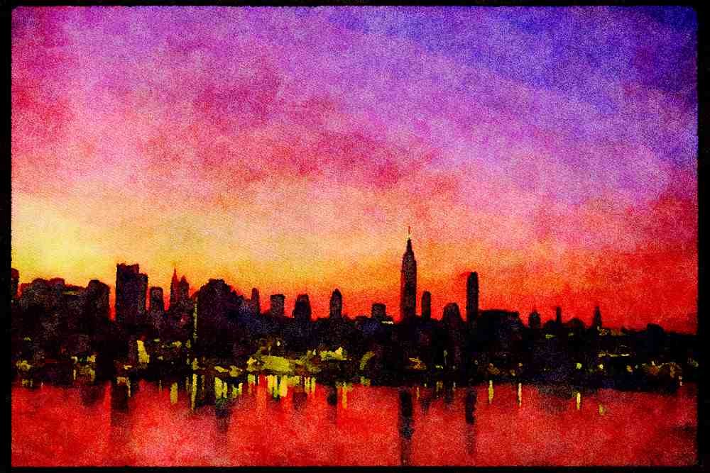 NY New York USA 244080 Sunrise And Moon Over Midtown A4 Limited Edition Watercolour Print