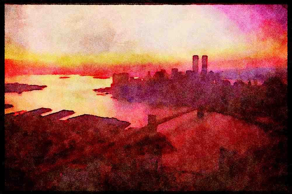 NY New York USA 244089 Downtown Aerial, Sunset A4 Limited Edition Watercolour Print