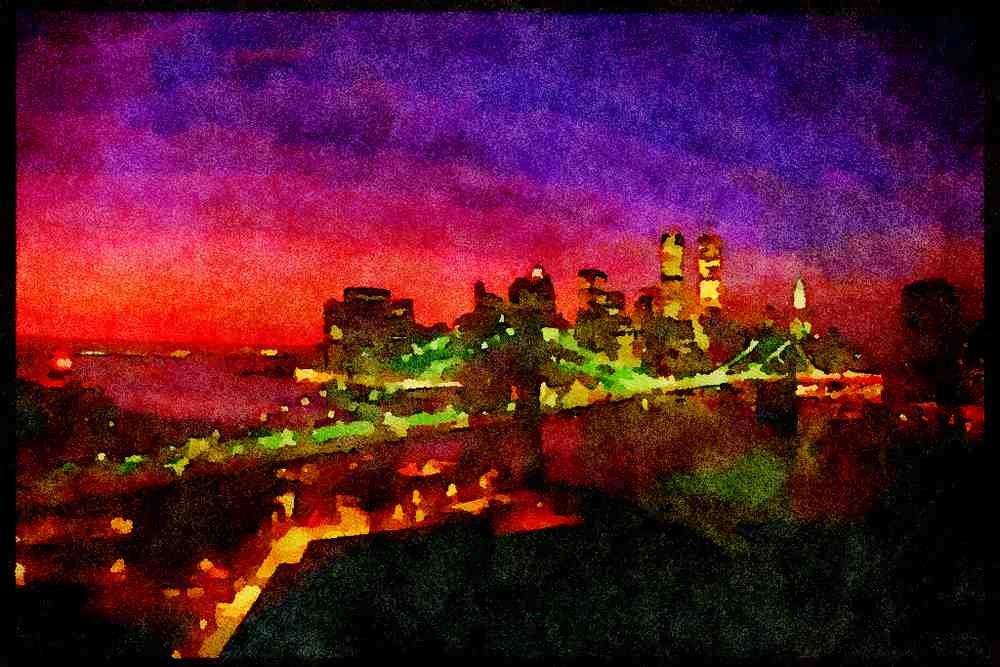 NY New York USA 244094 Downtown Aerial, Sunset A4 Limited Edition Watercolour Print