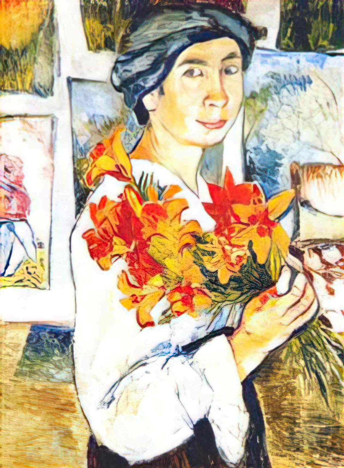 Natalia Goncharova self portrait with yellow lilies Art A4 Photo Print