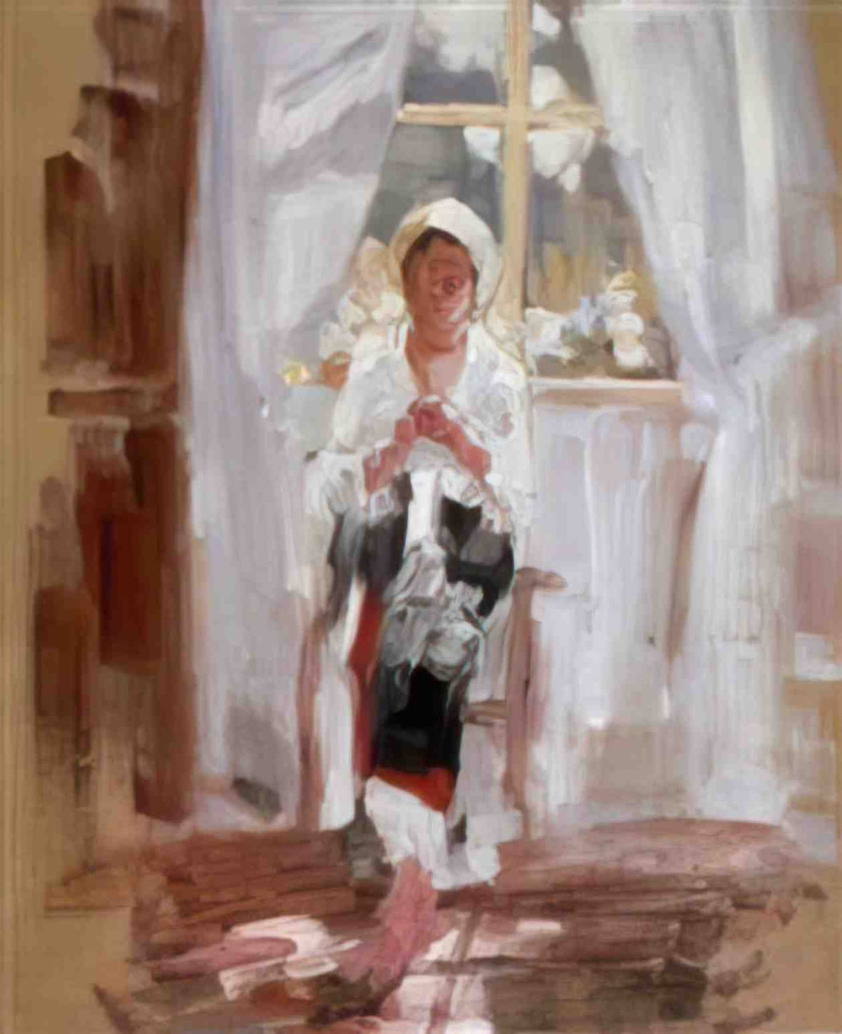 Nicolae Grigorescu peasant sewing by the window Art A4 Photo Print