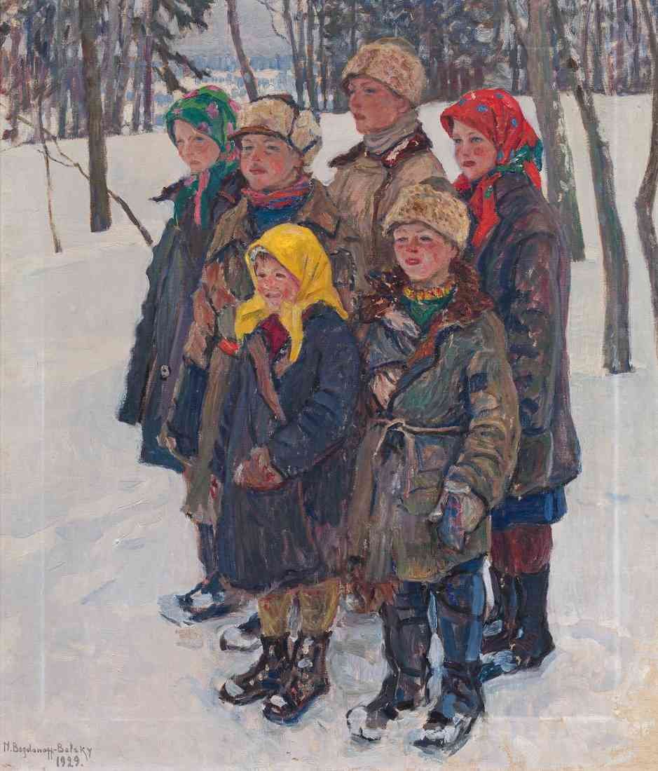 Nikolay Bogdanov Belsky children carrying the wood in the snow winter 2 A4 Photo Print