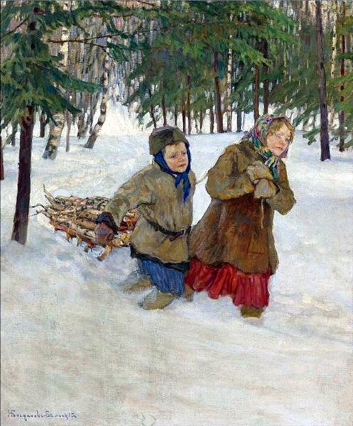 Nikolay Bogdanov Belsky children carrying the wood in the snow winter 3 A4 Photo Print