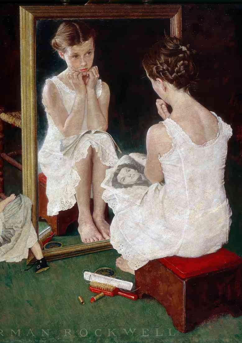 Norman Rockwell girl at mirror CROP A4 Photo Print