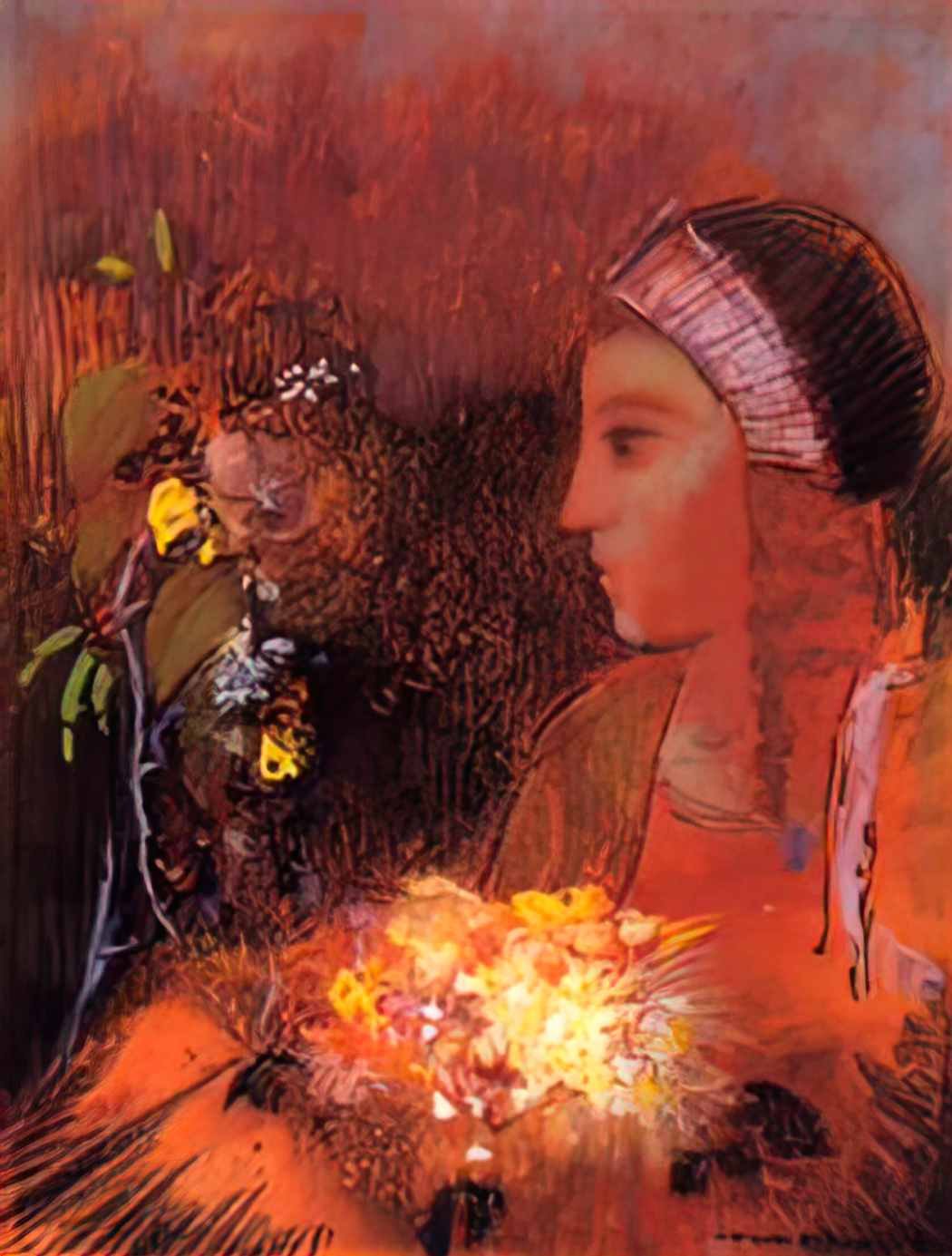 Odilon Redon woman with flowers Art A4 Photo Print