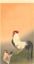Ohara Koson rooster and hen at sunrise Art A4 Photo Print