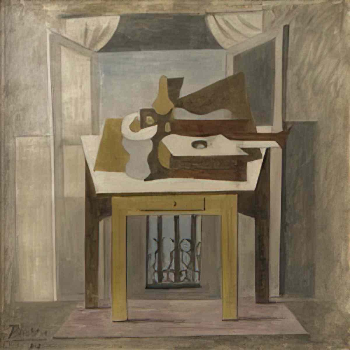 Pablo Picasso compotier, bouteille, guitare devant une fenetre ouverte Art A4 Photo Print