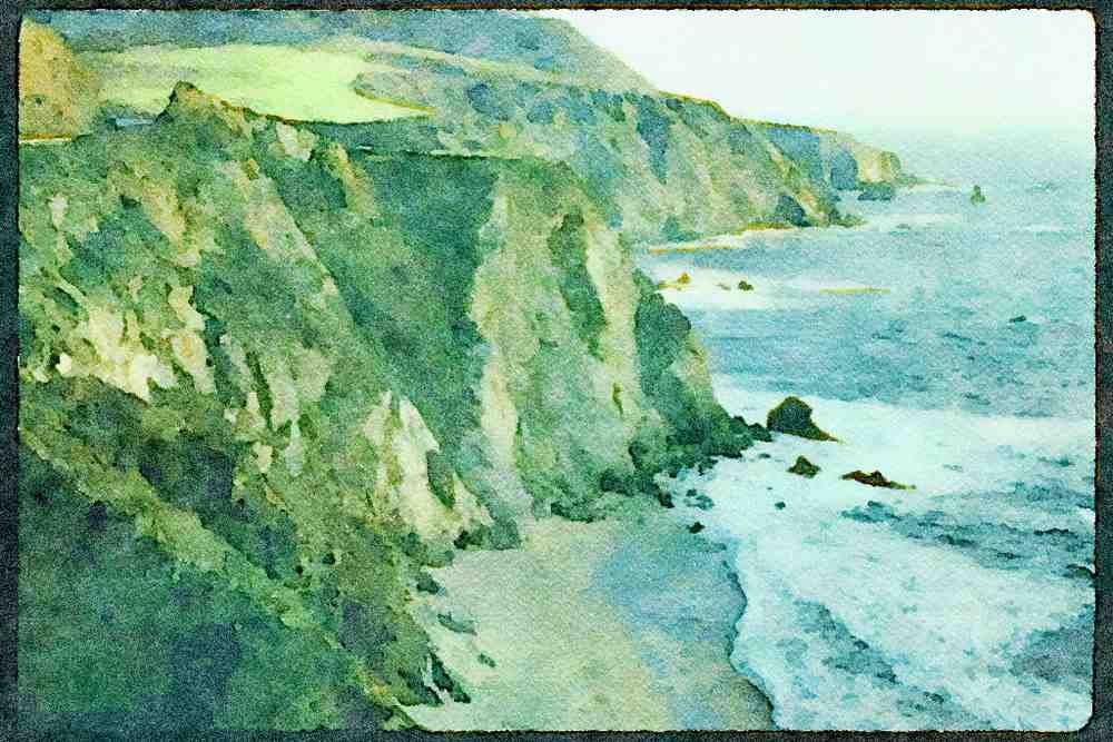 Pacific Coastlines 117032 Cliffs & Ocean, South Of Big Sur, CA A4 Limited Edition Watercolour Print