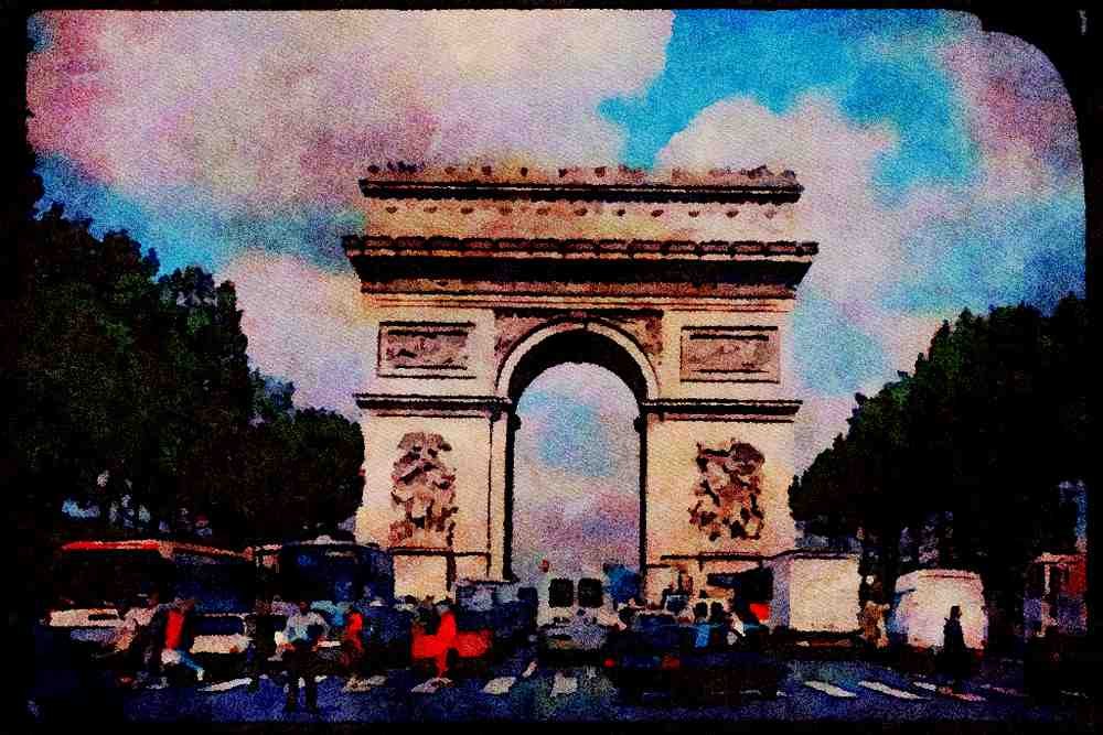 Paris visit 223009 Traffic In Front Of The Arc De Triomphe, Paris A4 Limited Edition Watercolour Print