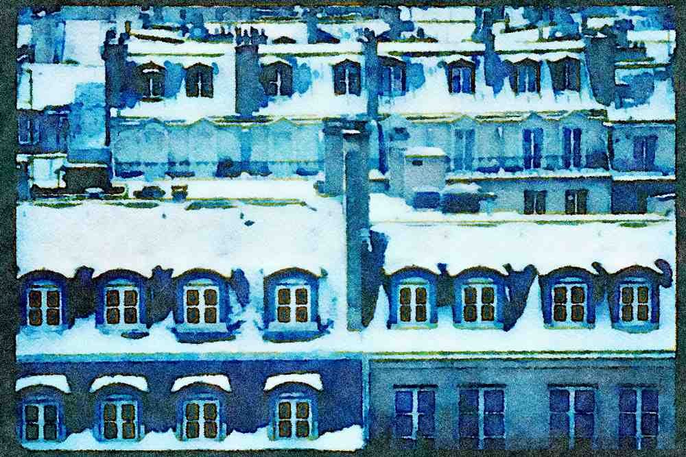 Paris visit 223027 Parisian Rooftops Under Snow A4 Limited Edition Watercolour Print