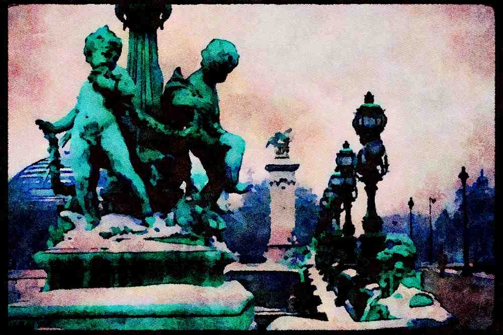 Paris visit 223036 Lamps Lining The Pont Alexandre III, Circa 1900 A4 Limited Edition Watercolour Print