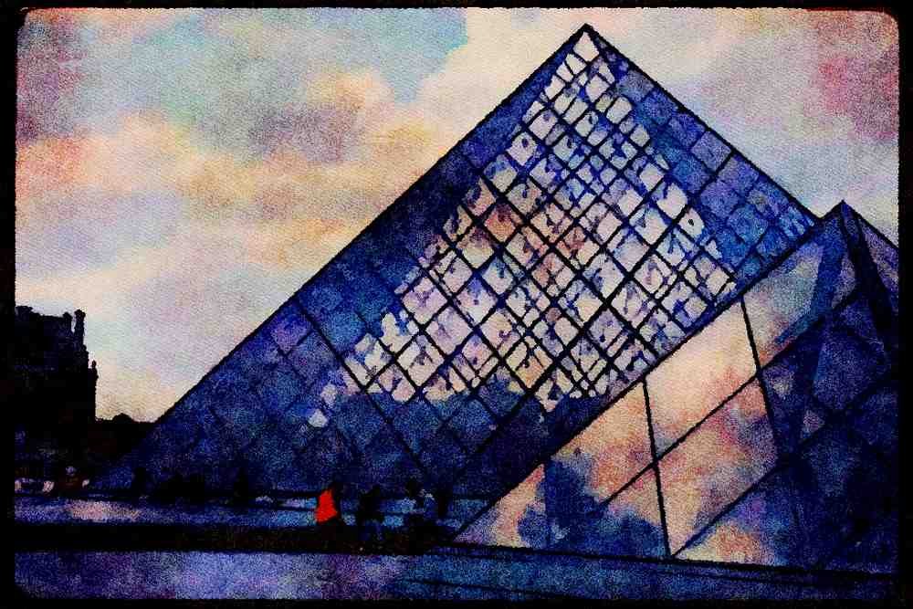 Paris visit 223060 Glass Pyramids Designed By I.M. Pei, The Louvre Courtyard A4 Limited Edition Watercolour Print