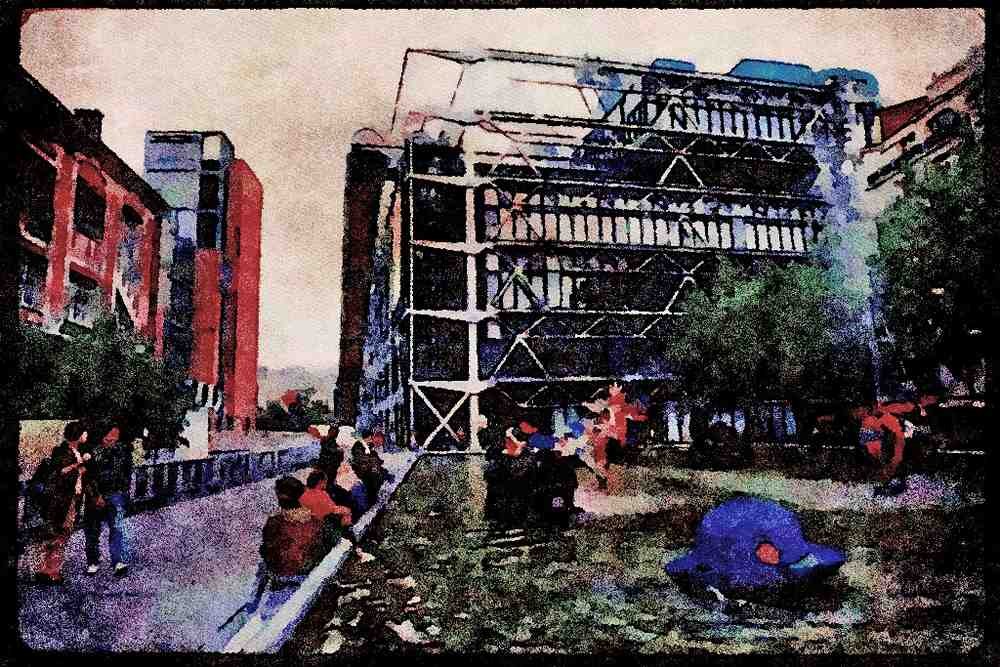 Paris visit 223071 Side Pool At The Pompidou Center, Modern Art Museum A4 Limited Edition Watercolour Print
