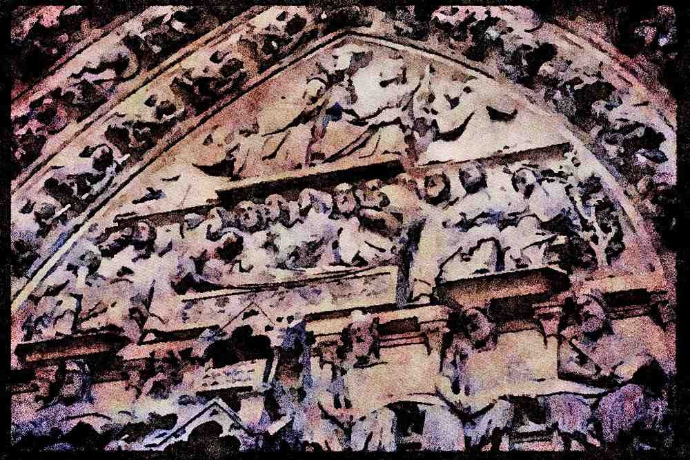 Paris visit 223084 Relief Carvings Surrounding Doors Of Notre Dame Cathedral A4 Limited Edition Watercolour Print