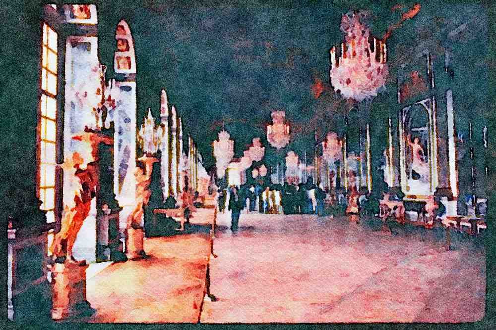 Paris visit 223092 Visitors In The Hall Of Mirrors, Versailles Palace A4 Limited Edition Watercolour Print