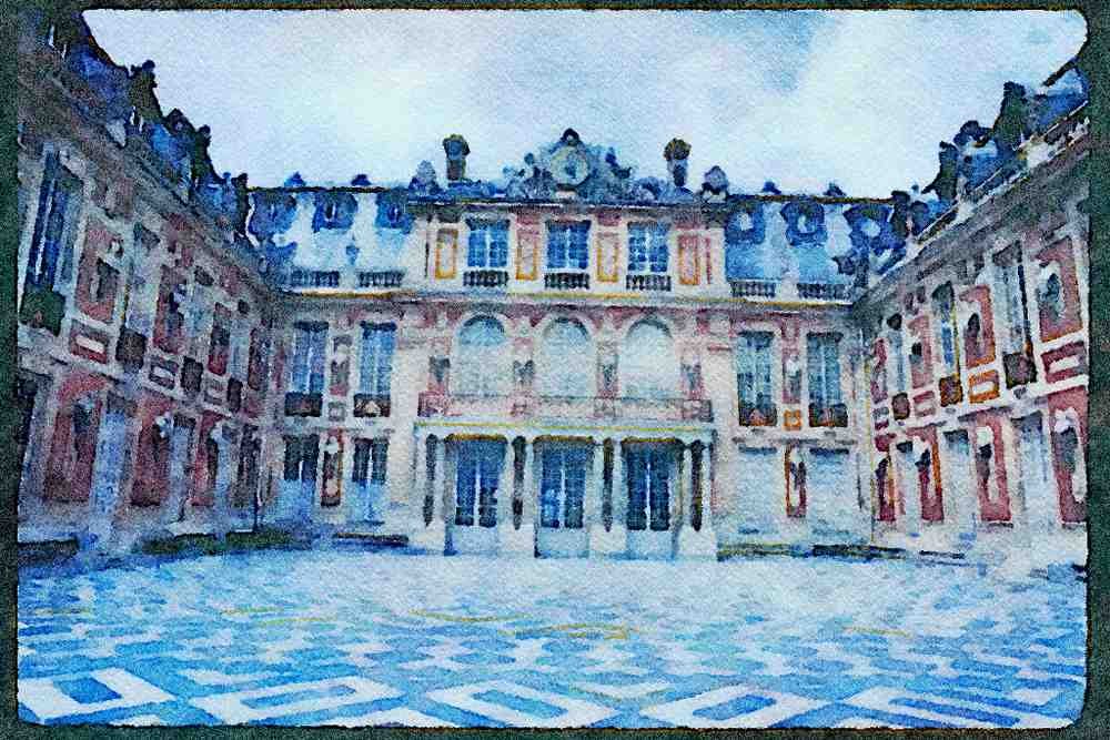 Paris visit 223095 Marble Courtyard In Versailles, Louis XIV's Palace A4 Limited Edition Watercolour Print