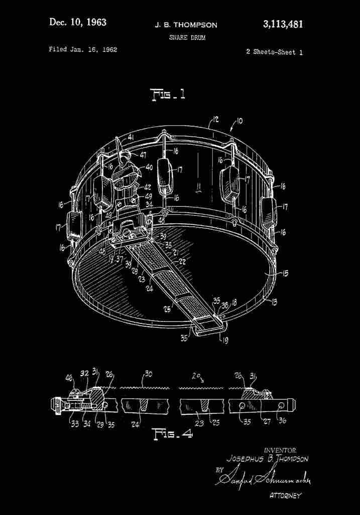 Patent Blueprint 58 SnareDrum black A4 Photo Print