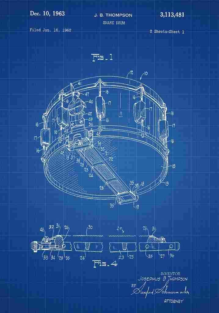 Patent Blueprint 58 SnareDrum blue A4 Photo Print