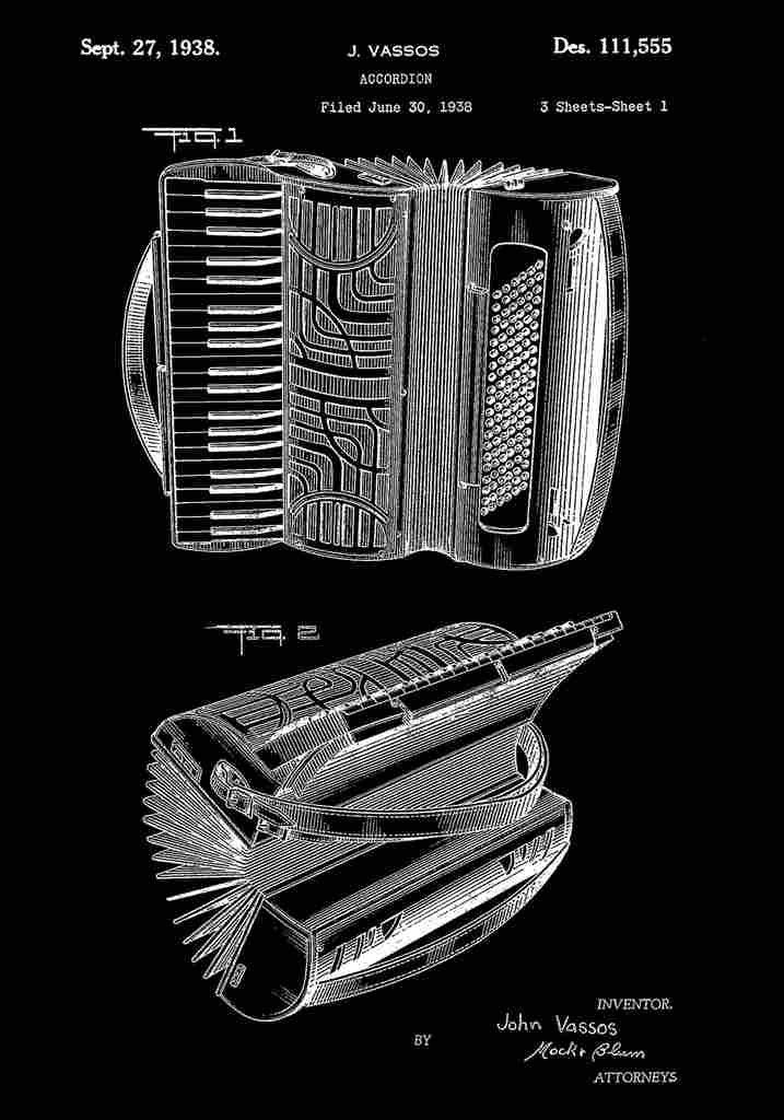 Patent Blueprint Accordian black A4 Photo Print
