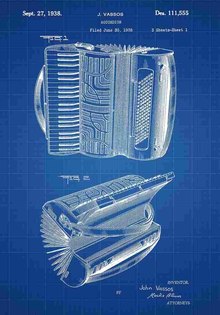 Patent Blueprint Accordian blue A4 Photo Print