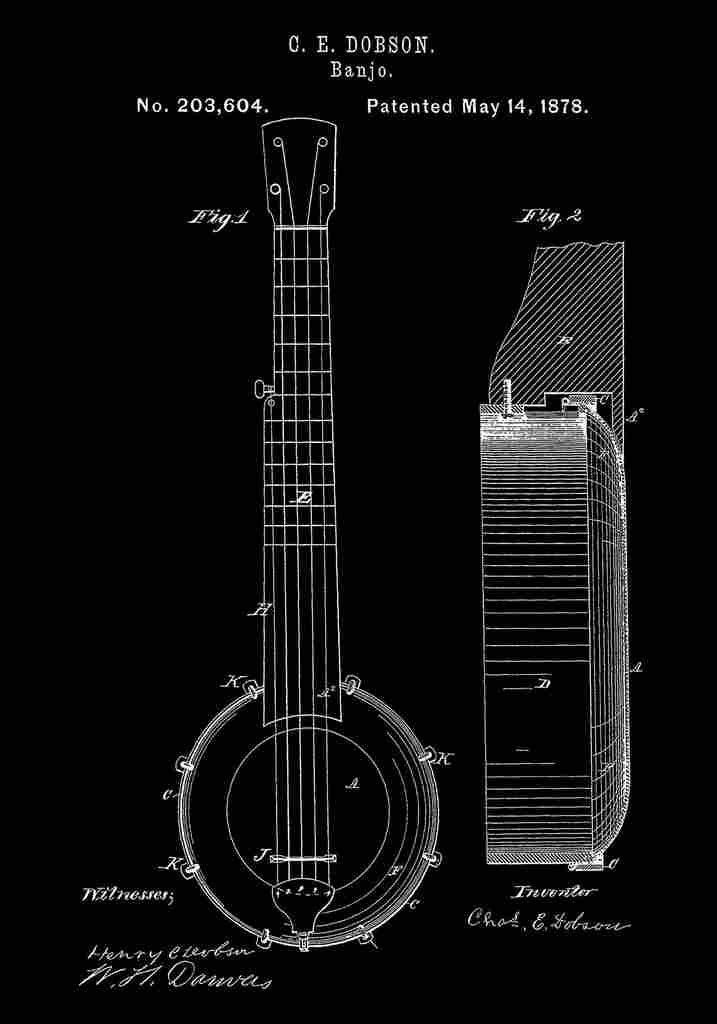 Patent Blueprint Banjo black A4 Photo Print