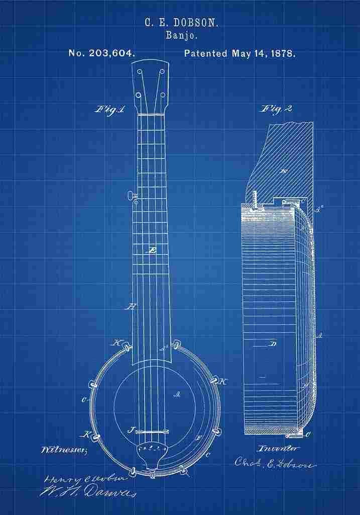 Patent Blueprint Banjo blue A4 Photo Print