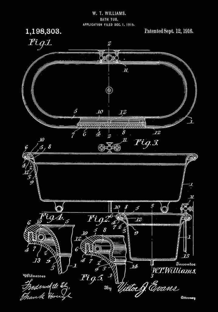 Patent Blueprint BathTub black A4 Photo Print