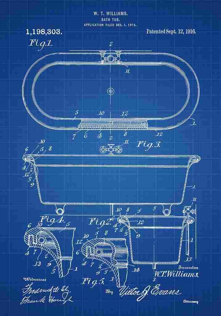 Patent Blueprint BathTub blue A4 Photo Print