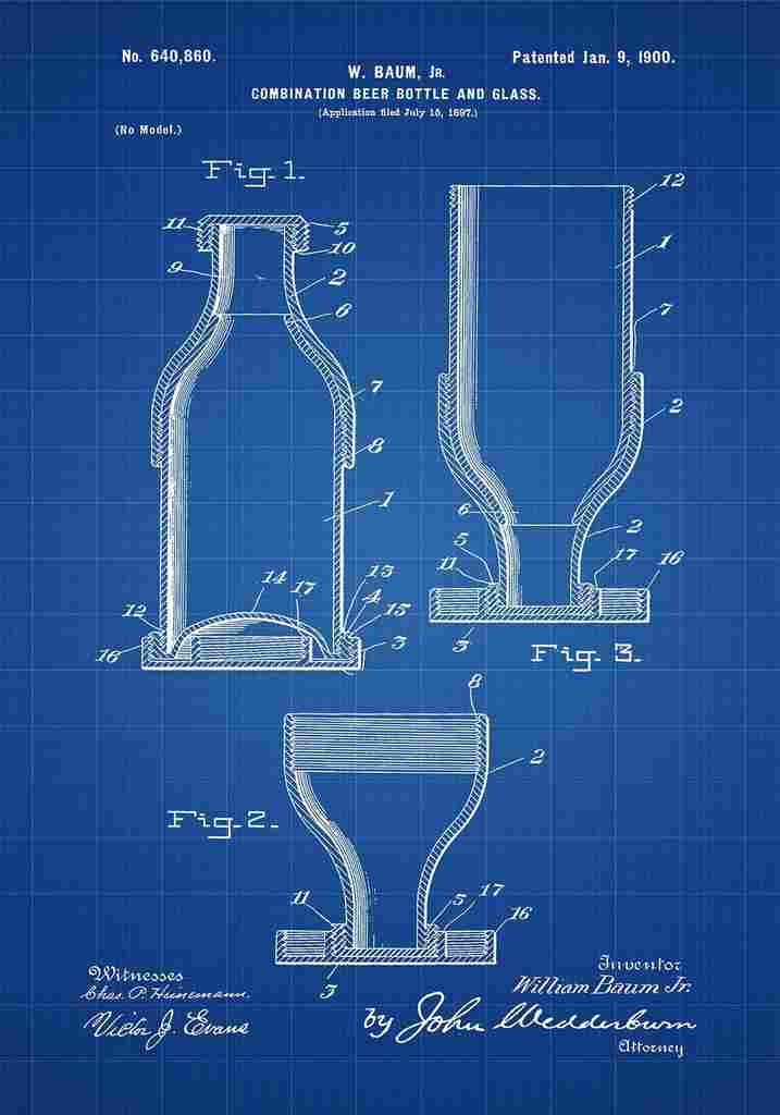 Patent Blueprint BeerBottle Glass blue A4 Photo Print