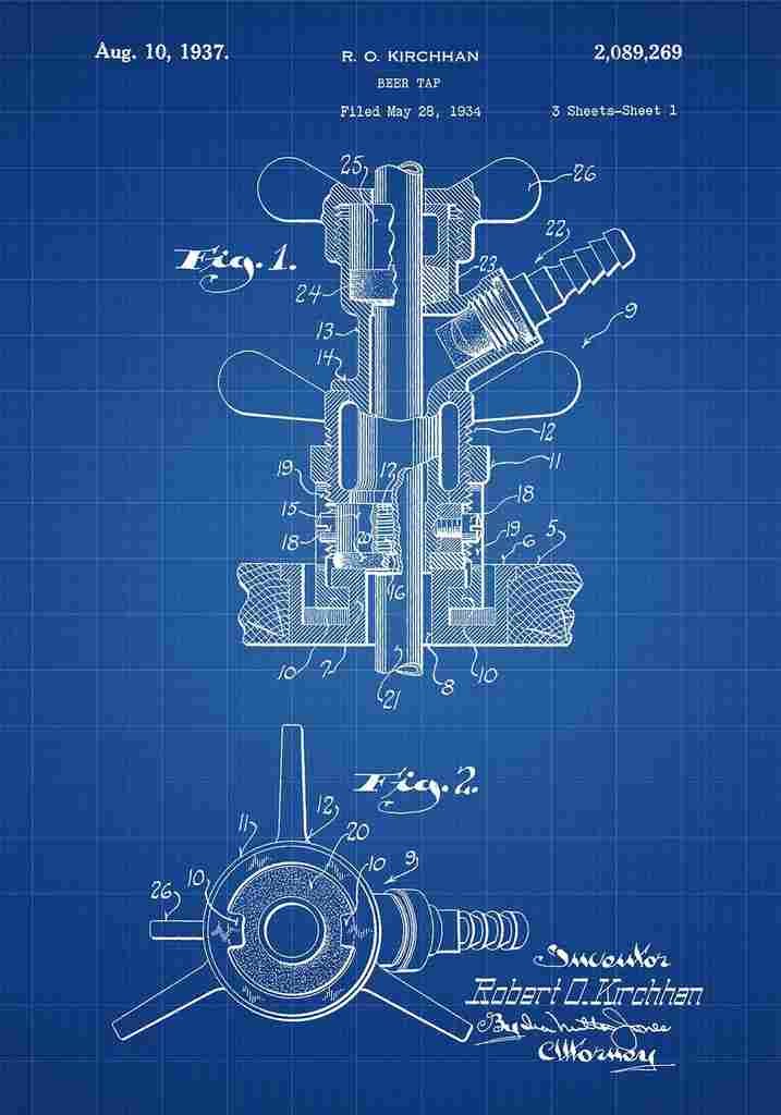 Patent Blueprint BeerTap blue A4 Photo Print