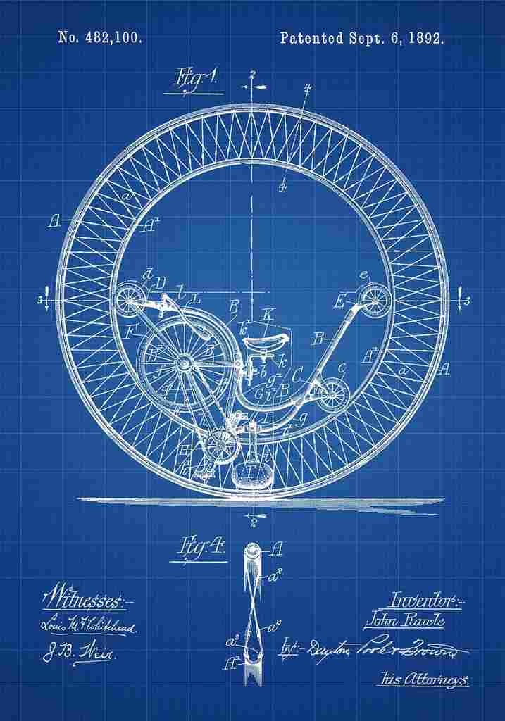 Patent Blueprint BicycleContraption blue A4 Photo Print