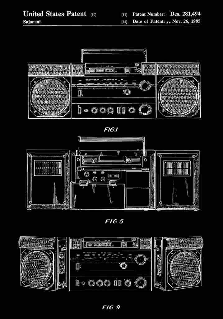 Patent Blueprint Boombox black A4 Photo Print