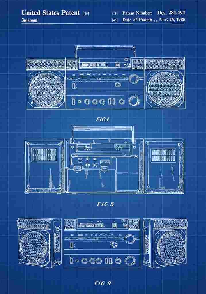 Patent Blueprint Boombox blue A4 Photo Print