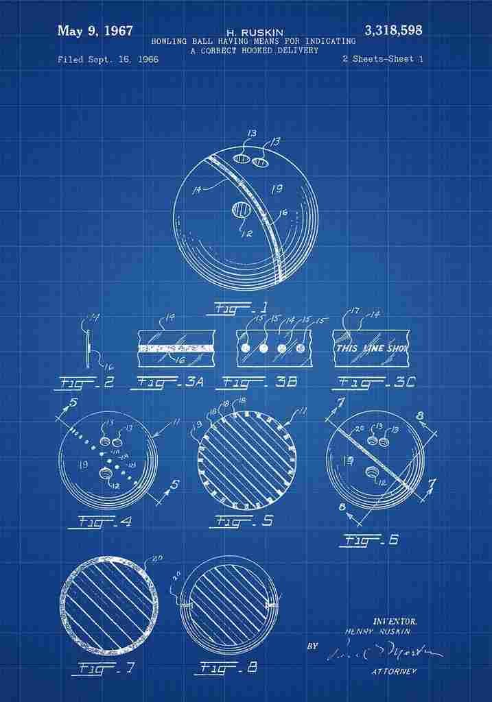Patent Blueprint BowlingBall blue A4 Photo Print