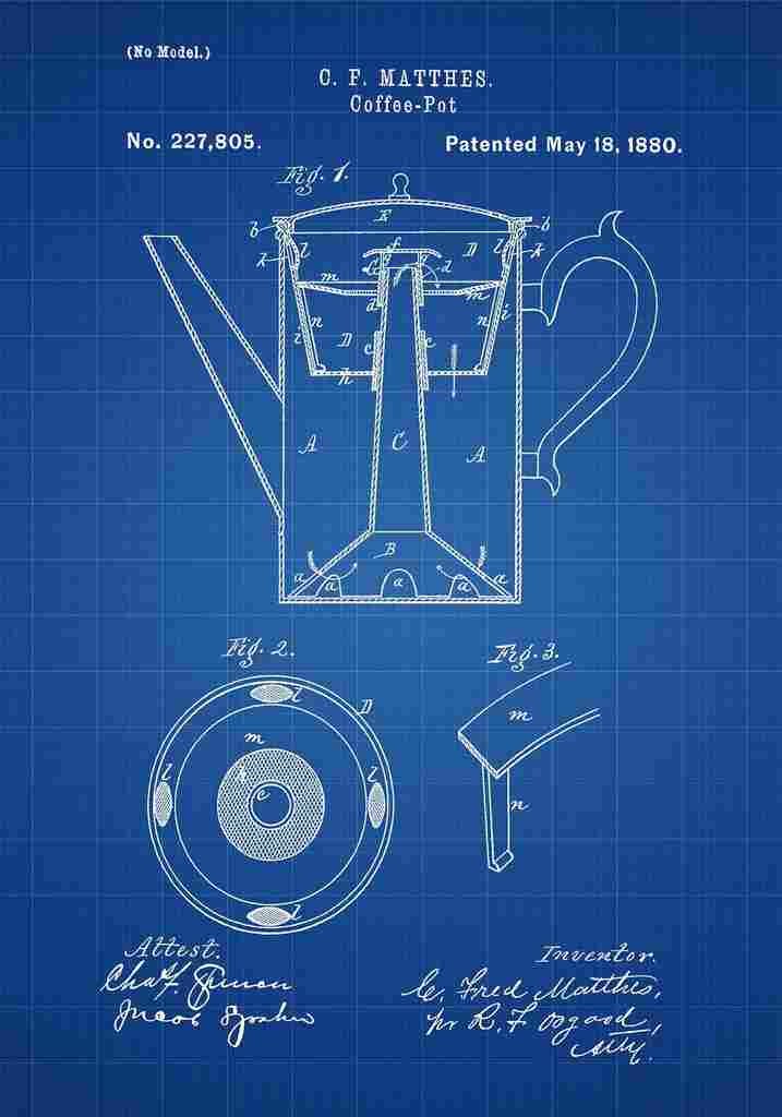 Patent Blueprint CoffeePot blue A4 Photo Print