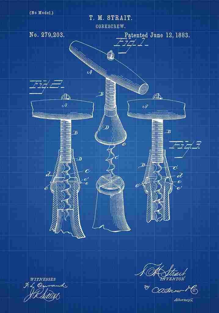 Patent Blueprint Corkscrew blue A4 Photo Print