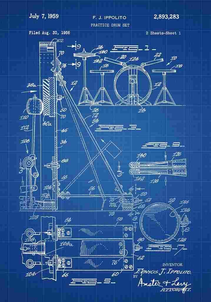 Patent Blueprint Drumkit blue A4 Photo Print