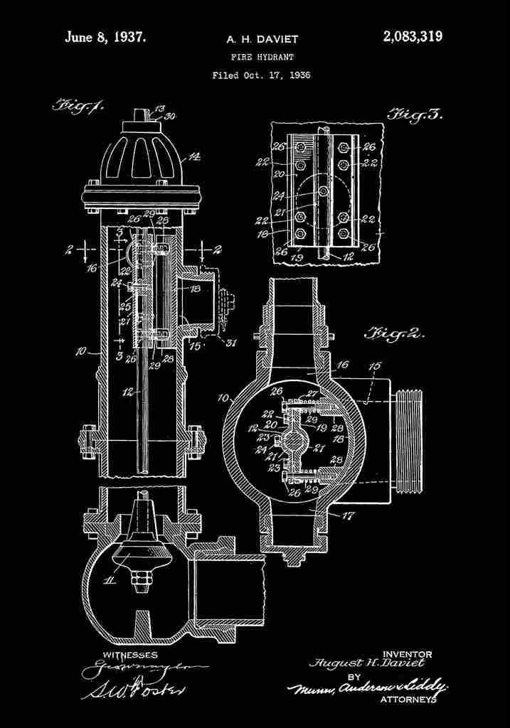 Patent Blueprint FireHydrant black A4 Photo Print