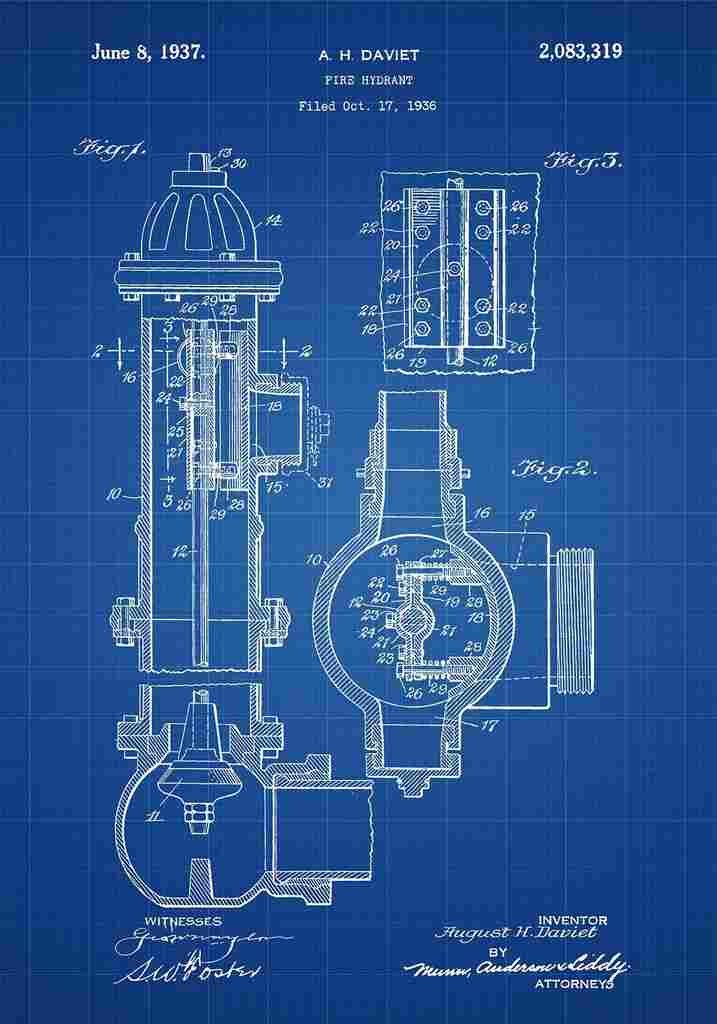 Patent Blueprint FireHydrant blue A4 Photo Print