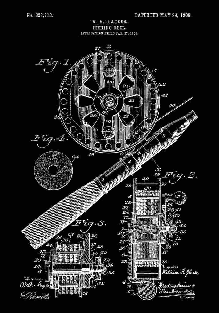 Patent Blueprint FishingReel black A4 Photo Print