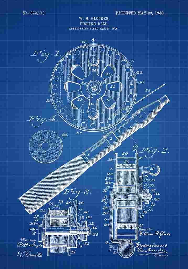 Patent Blueprint FishingReel blue A4 Photo Print