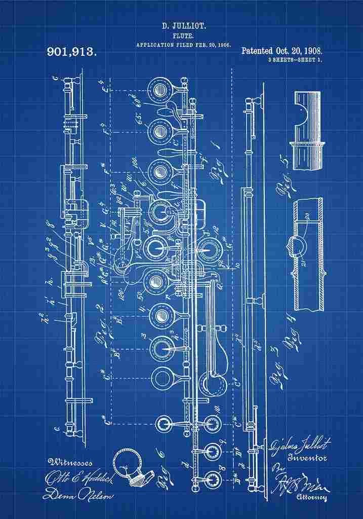 Patent Blueprint Flute blue A4 Photo Print