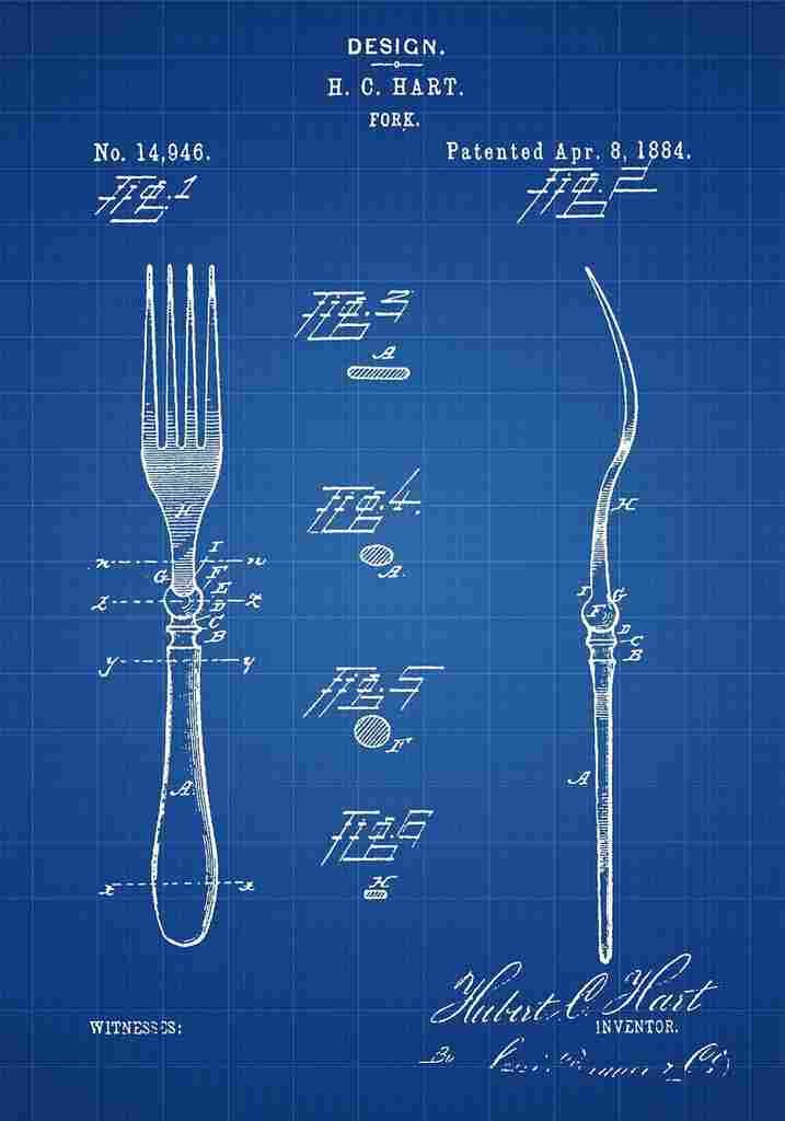 Patent Blueprint Fork blue A4 Photo Print